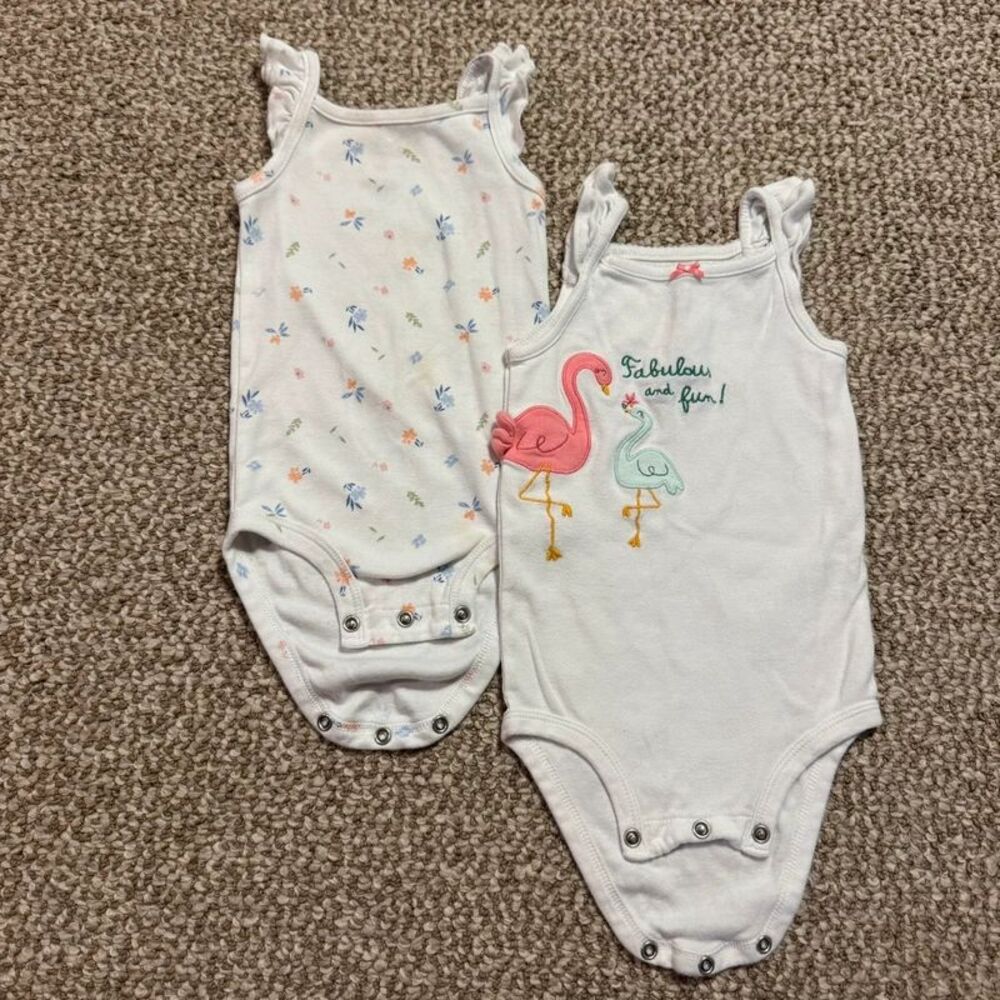 Bundle of 2 Carter's Baby Girl Sleeveless Bodysuits Floral Flamingo 12 Months